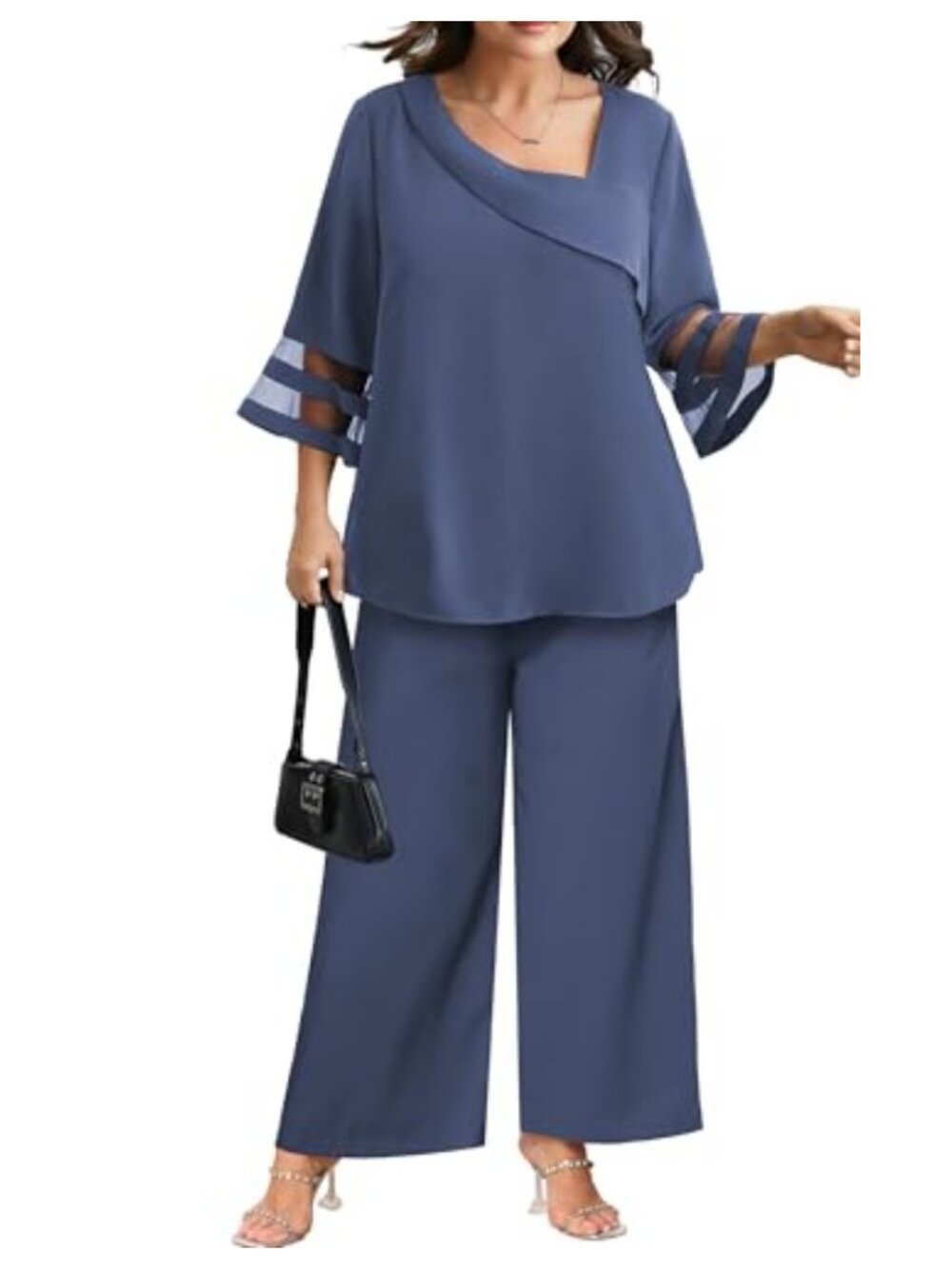 Plus Size 2-Piece Mesh Bell Sleeve Dressy Pant Suit Set